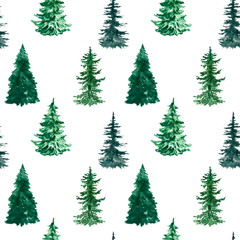 Watercolor pine tree seamless pattern. Hand painted spruce forest repeat print on wite background. Winter illustration with evergreen tree. Christmas backdrop.