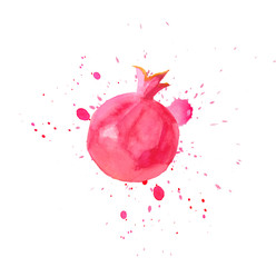 Plakat Pomegranate watercolor illustration hand drawn with blots. Pink fruit in the isolated white background. Creative design food ingredient.
