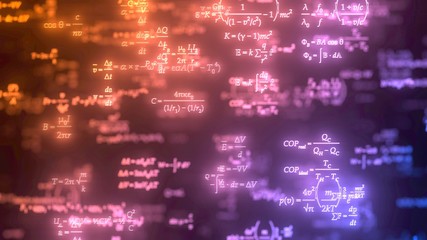 different formulas glowing in dark. 3d illustration