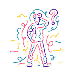 Obraz na płótnie Canvas Man thinking - with question mark - creative idea. Concept of generation of innovative ideas, creative thought, creativity and imagination. Vector illustration in flat linear style. 
