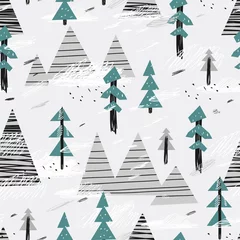 Crédence de cuisine en verre imprimé Style scandinave Joli modèle sans couture avec des montagnes et des arbres. Fond boisé scandinave créatif. Illustration vectorielle. Illustration enfantine.