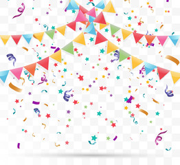 Lots of colorful tiny confetti and ribbons on transparent background. Festive event and party. Multicolor background.