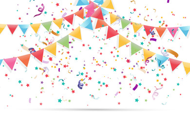 Lots of colorful tiny confetti and ribbons on transparent background. Festive event and party. Multicolor background.