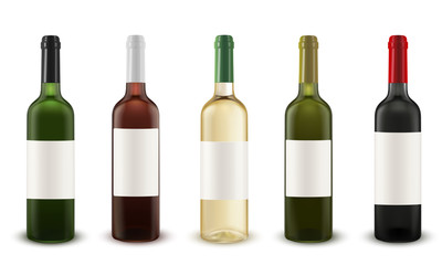 Realistic vector set of wine bottles of various colors of glass.