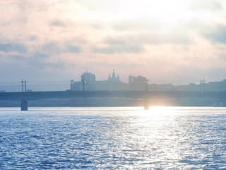 Naklejka premium Dawn over Saint Petersburg, downtown, bridge. Toned image