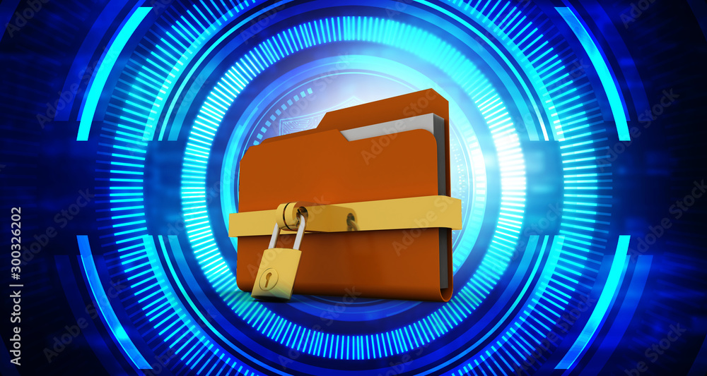 Poster yellow folder and lock. data security concept. 3d rendering