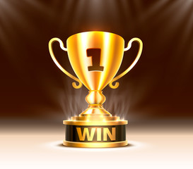Winner cup gold sign. object on a red background.