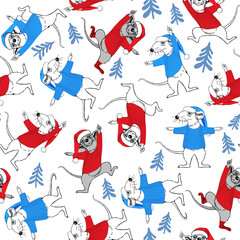 Rats dressed as Santa Claus and blue Christmas trees