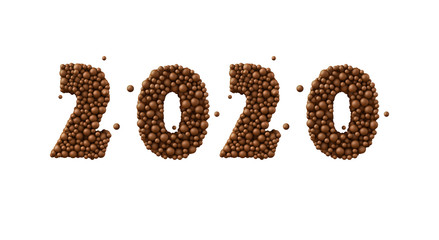 Happy New 2020 Year. Holiday made of chocolate bubbles, milk chocolate concept, 3d illustration