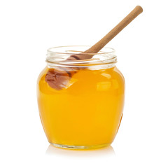 Fresh open honey jar with dipper , on white background.  3D illustration
