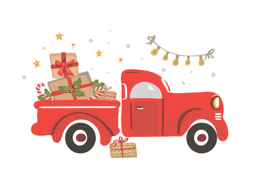 Christmas Truck. Vintage Vector Illustration Christmas Red Truck With Presents.