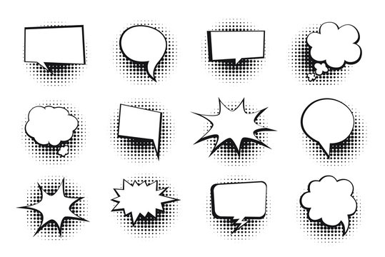Retro empty comic bubbles and elements set with halftone shadows on white background. Vector illustration, vintage design, pop art style. Vector illustration