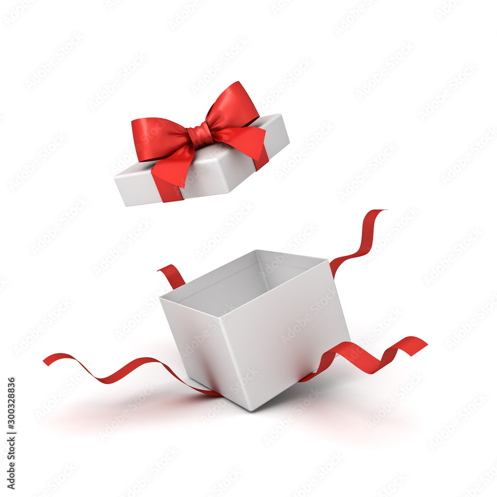 Aufkleber Blank open white present box or gift box with red ribbons and bow isolated on white background with shadow 3D rendering