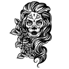 Vector hand drawn tattoo illustration of skull girl with roses. Skull sugar flower. Skull tattoo isolated on white.Day Of The Dead Skull.