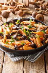 Delicious penne pasta with autumn honey fungus and tomato sauce close-up in a plate. vertical