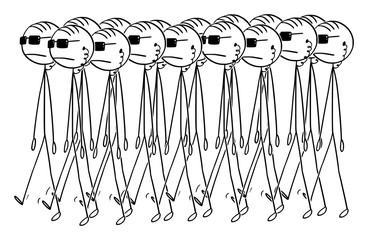 Vector cartoon stick figure drawing conceptual illustration of group of government secret agents walking or marching in sunglasses. Freedom and security concept.