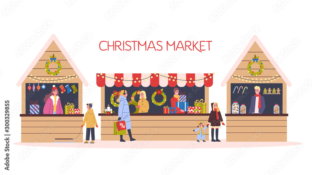 Wall mural Christmas market vector illustration. Festive food and holiday