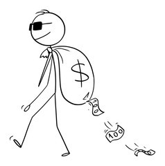 Vector cartoon stick figure drawing conceptual illustration of man, criminal, secret agent or businessman with sunglasses carrying bug money bag on his bag with dollar currency symbol.