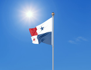 3D illustration. Colored waving flag of Panama on sunny blue sky background.