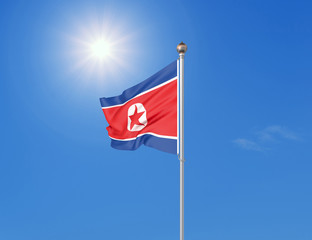 3D illustration. Colored waving flag of North Korea on sunny blue sky background.