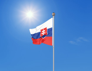 3D illustration. Colored waving flag of Slovakia on sunny blue sky background.