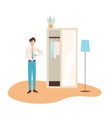 Man put on his neck tie. Business clothes, white shirt and trousers.