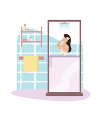 Woman taking morning shower in bathroom. Beautiful female character