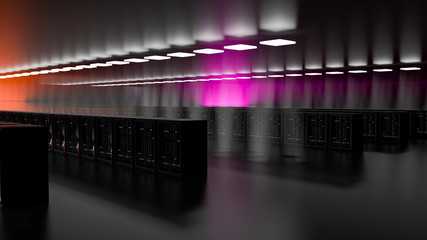 Server room data center. Backup, mining, hosting, mainframe, farm and computer rack with storage information. 3d render