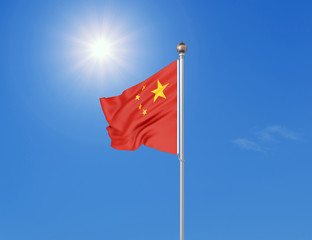 3D illustration. Colored waving flag of China on sunny blue sky background.