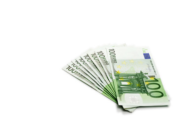 Euro coin falling banknotes. European money on white isolation b