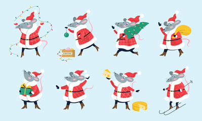 Cute christmas rat set holding festive stuff.