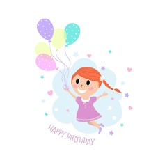 happy girl in pink dress with balls, cartoon design