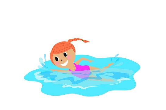 little cute girl swimming, vector cartoon design