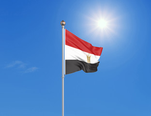 3D illustration. Colored waving flag of Egypt on sunny blue sky background.