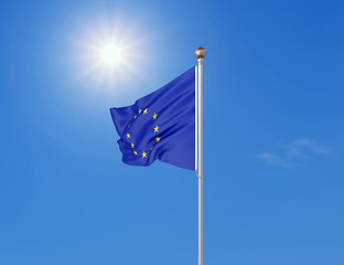 3D illustration. Colored waving flag of European Union on sunny blue sky background.