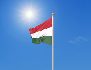 3D illustration. Colored waving flag of Hungary on sunny blue sky background.