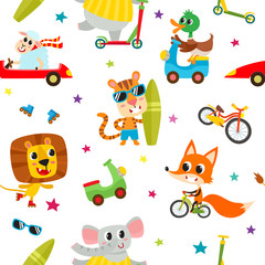 Cute adorable animals character on different transport.