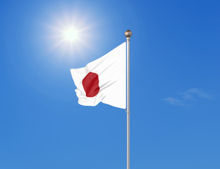 3D illustration. Colored waving flag of Japan on sunny blue sky background.