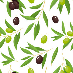 Branches green and black olives seamless on white background.