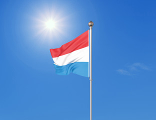 3D illustration. Colored waving flag of Luxembourg on sunny blue sky background.