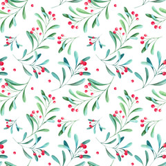  Watercolor Christmas pattern with berries.