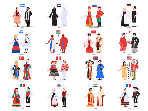 Vector illustration of multiculture people standing in their national costumes.