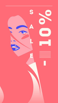Vector fashion portrait of a model girl. Retro trendy coral color stories template. Sale Banner 10 percent Off