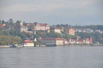 Fototapeta na wymiar the old town of Meersburg am Bodensee seen from the car ferry to Konstanz, Baden-Württemberg, Germany