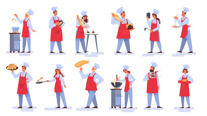 Collection of people in apron making tasty dish