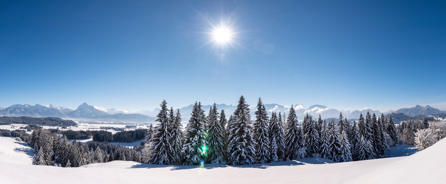 panoramic scene in Bavarian mountains at winter