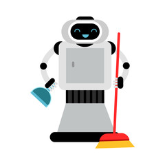 Cute robot home assistant with a broom and dustpan. Vector illustration.