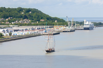 Tall ship Gulden Leeuw sailing in the Seine River estuary, Armada 2019, Normandy