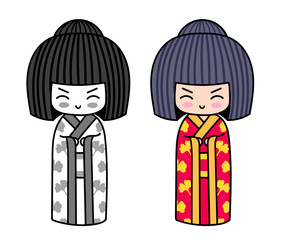 Kawaii little traditional kokeshi dolls. Japanese girls in kimono. Vector illustrations.
