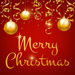 Merry Christmas card with golden baubles, serpentine streamers and stars on red background